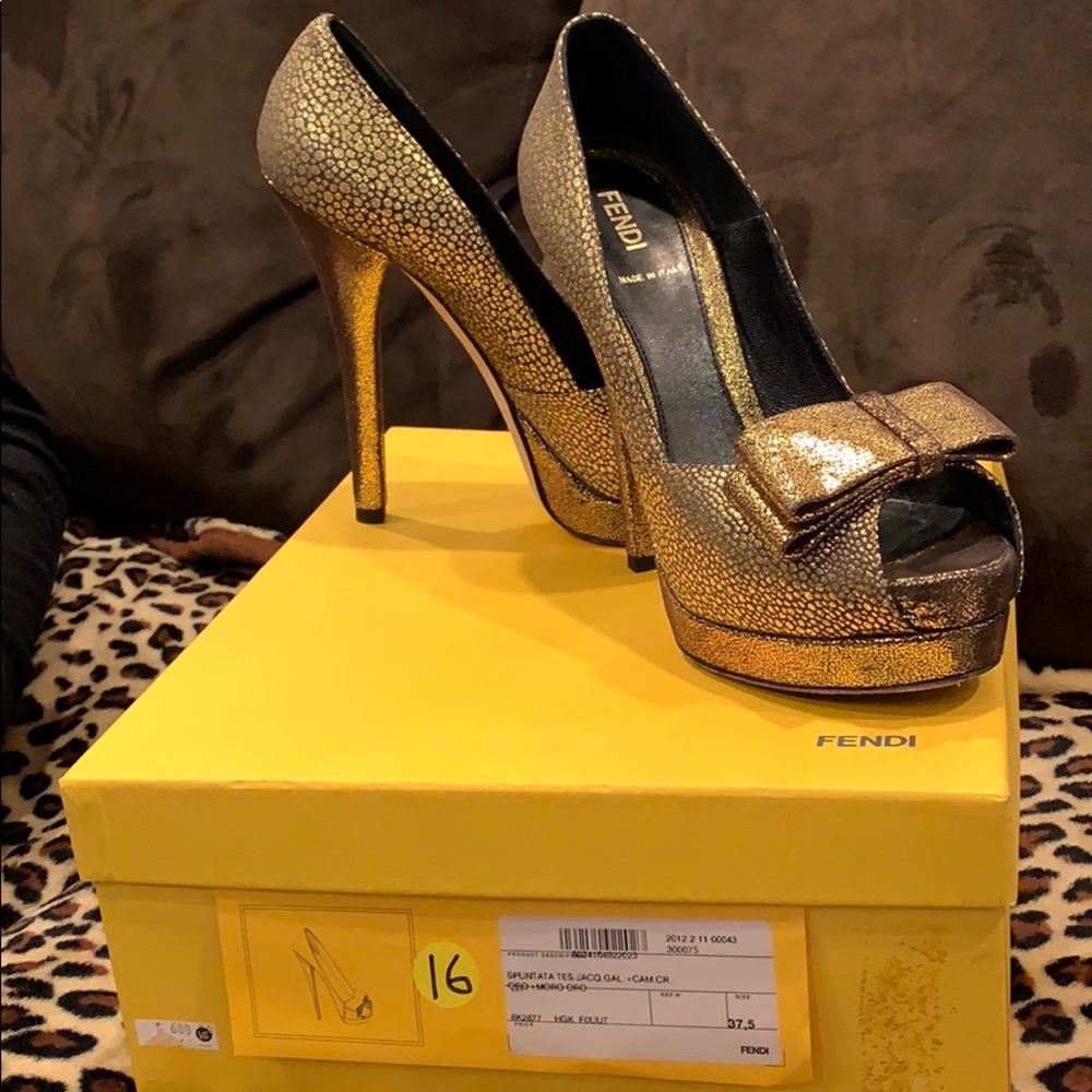 Fendi Gold Peep Toe Bow Shoes